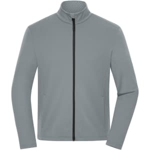 A light grey men's sports structured fleece jacket with a zip front and a high collar. It features a logo.