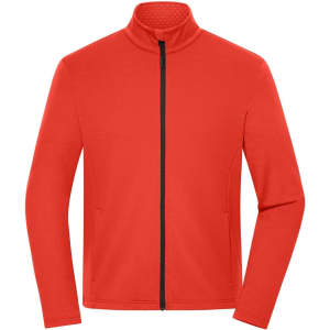 A structured fleece jacket in bright red with a full zip and high collar. Features a logo on one side.
