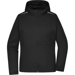 A black ladies' softshell jacket featuring a hood and a subtle logo on the chest area.