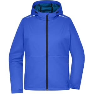 A blue ladies softshell jacket with a hood and a zip front, featuring a logo on one side.