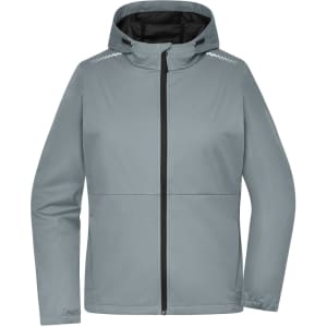 A softshell jacket in light grey with a hood, featuring a zip front and logo on the sleeve.