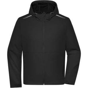 A black men's softshell jacket featuring a hood and reflective detailing on the shoulders. It has a front zip closure.