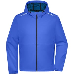 A vibrant blue men's softshell jacket featuring a hood and a contrasting inner lining. It has a logo.