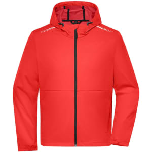 A red men's sports softshell jacket with a hood and a zip front, featuring a logo on the chest.