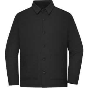 A black unisex shirt jacket featuring a collared neckline, button front, and two side pockets.