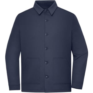 A unisex navy shirt jacket with a button-up front and two front pockets. It features a collar and has a logo.