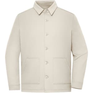 A beige unisex shirt jacket with a collared neck, button front, and two side pockets. It features a logo on the chest.