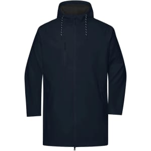 A navy unisex raincoat with a hood and zippered front, featuring a logo on the chest.