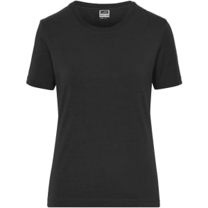 A black ladies' t-shirt with short sleeves, featuring a fitted design and a label inside.