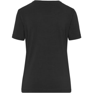 A black ladies' t-shirt with short sleeves, featuring a simple design and a logo on the back.