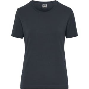 A short-sleeved, round-neck women's t-shirt in dark grey with a logo on the chest area.