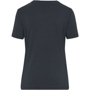 A dark grey women's t-shirt with a classic round neckline and short sleeves, featuring a logo on the back.