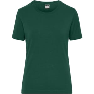 A green short-sleeved t-shirt made from stretchy fabric. The shirt has a round neckline and a label inside.