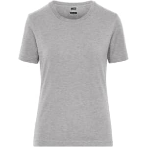 A grey ladies' short-sleeve t-shirt with a round neckline and a logo. Suitable for workwear.