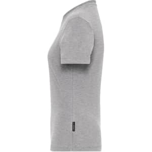 A grey short-sleeve women's t-shirt with a fitted style and a logo at the hem.
