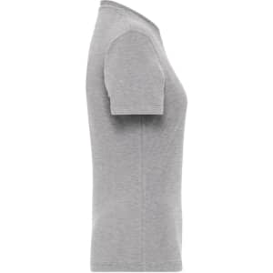 A grey ladies' t-shirt with short sleeves and a fitted style, featuring a logo on the design.