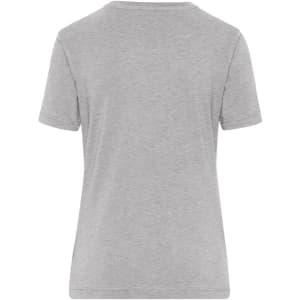 A grey women's T-shirt with short sleeves and a subtle texture, featuring a logo on the back.