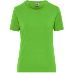 A bright green women's t-shirt with short sleeves and a crew neck, featuring a logo.