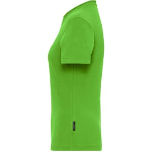 A green ladies' t-shirt with a fitted design, featuring a side view and a logo tag.
