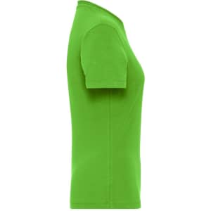 A green ladies' T-shirt in a side view with a fitted design, featuring a logo on the fabric.