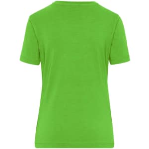A green ladies' t-shirt with short sleeves, featuring a smooth fabric and a simple design. It has a logo on the back.