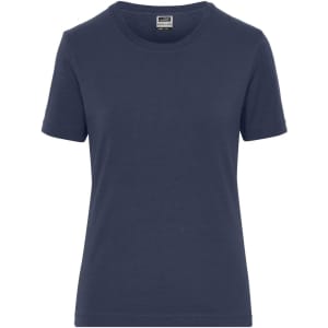 A navy blue women's t-shirt with a crew neck and short sleeves, featuring a logo on the label.