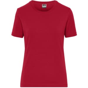 A red short-sleeve t-shirt for women, featuring a classic crew neck design and a logo on the label.