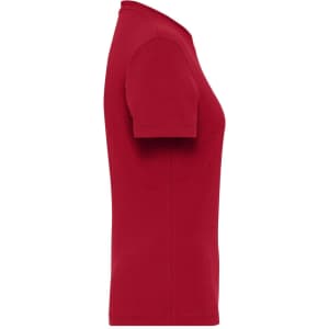 A red ladies' short-sleeve t-shirt with a fitted design and a logo on the side.