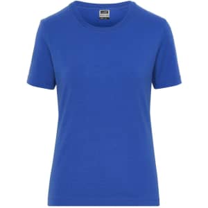 A blue ladies' T-shirt with short sleeves and a round neck. It features a logo on the label.