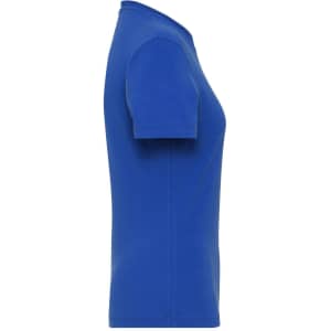 A blue ladies' t-shirt with a fitted silhouette, featuring short sleeves and a logo on the side.