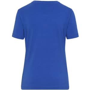 A blue ladies' T-shirt with a plain back design and short sleeves, featuring a logo.