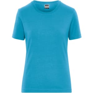 A blue short-sleeved women's t-shirt with a round neckline and a label inside. It features a logo.