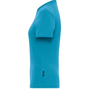 A side view of a turquoise ladies' T-shirt made from BIO stretch fabric, featuring a small logo on the hem.