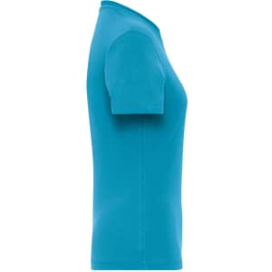 A turquoise work T-shirt with a soft fabric and fitted design, featuring a logo on the side.