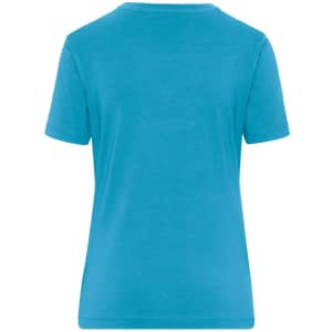A turquoise ladies' t-shirt with short sleeves and a round neckline, featuring a logo on the back.