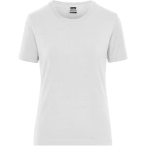 A light grey ladies' T-shirt with short sleeves, featuring a logo on the label.