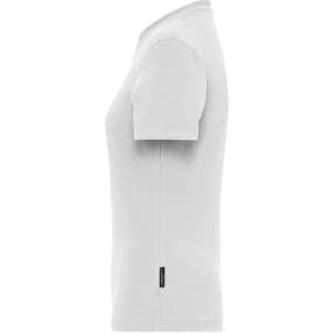A side view of a white women's t-shirt featuring a branded label on the hem.