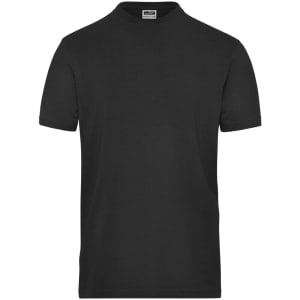 A black short-sleeve t-shirt with a round neckline and a logo on the label.