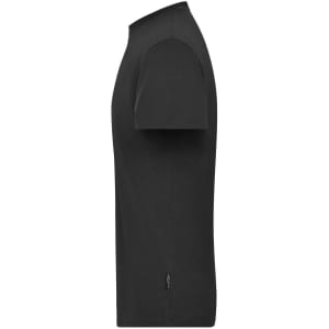 A black men's T-shirt with short sleeves and a logo on the side, designed for workwear.