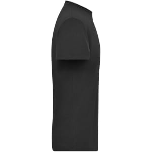 A black men's t-shirt displayed from the side, featuring a smooth design and a logo.