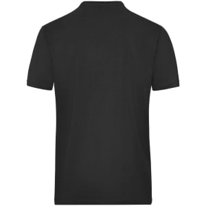 A black short-sleeved T-shirt with a plain back and a logo on the neck area. Suitable as workwear.