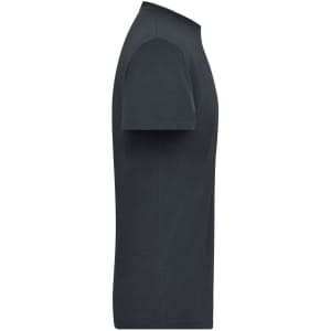 A dark grey men's work t-shirt displayed side-on, featuring a fitted design and short sleeves. It has a logo.
