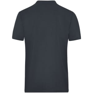 A dark grey men's T-shirt with a simple design, featuring short sleeves and a collar, with a logo on the back.