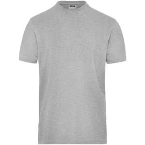 A grey short-sleeved T-shirt with a round neckline and a logo on the label.