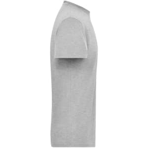 A grey short-sleeve t-shirt displayed from the side, featuring a logo on the chest area.