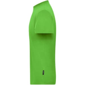 A bright green men's t-shirt with a fitted design and a logo on the side. Suitable for workwear.