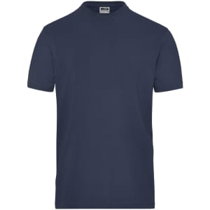 A navy blue men's T-shirt made from BIO stretch fabric, featuring a logo on the neckline.