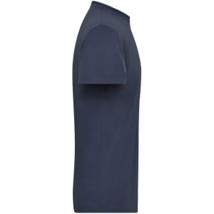 A navy blue men's T-shirt with a crew neckline and short sleeves, featuring a simple design and a logo.
