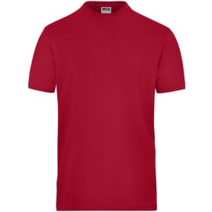 A red men's t-shirt with a round neckline and short sleeves, featuring a logo. Ideal for workwear.
