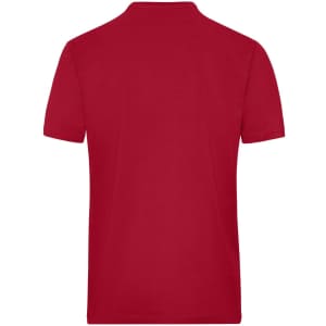 A red short-sleeved work t-shirt with a simple design and a logo on it.